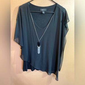 BCX Women's Elegant Black Layered Asymmetric Blouse with attached Necklace XL